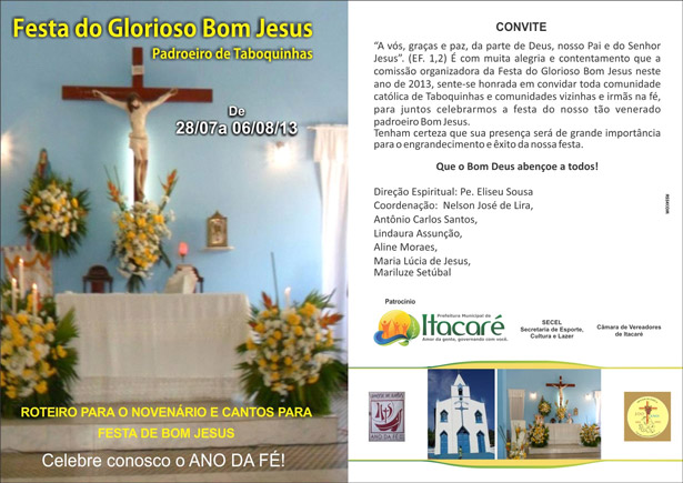 Confira Programação completa da Festa do Glorioso Bom Jesus em Taboquinhas. 