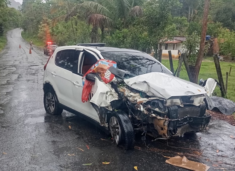 Motorista perde controle de veículo e colide em árvore após pedra cortar pneu na BA-547, em Apuarema